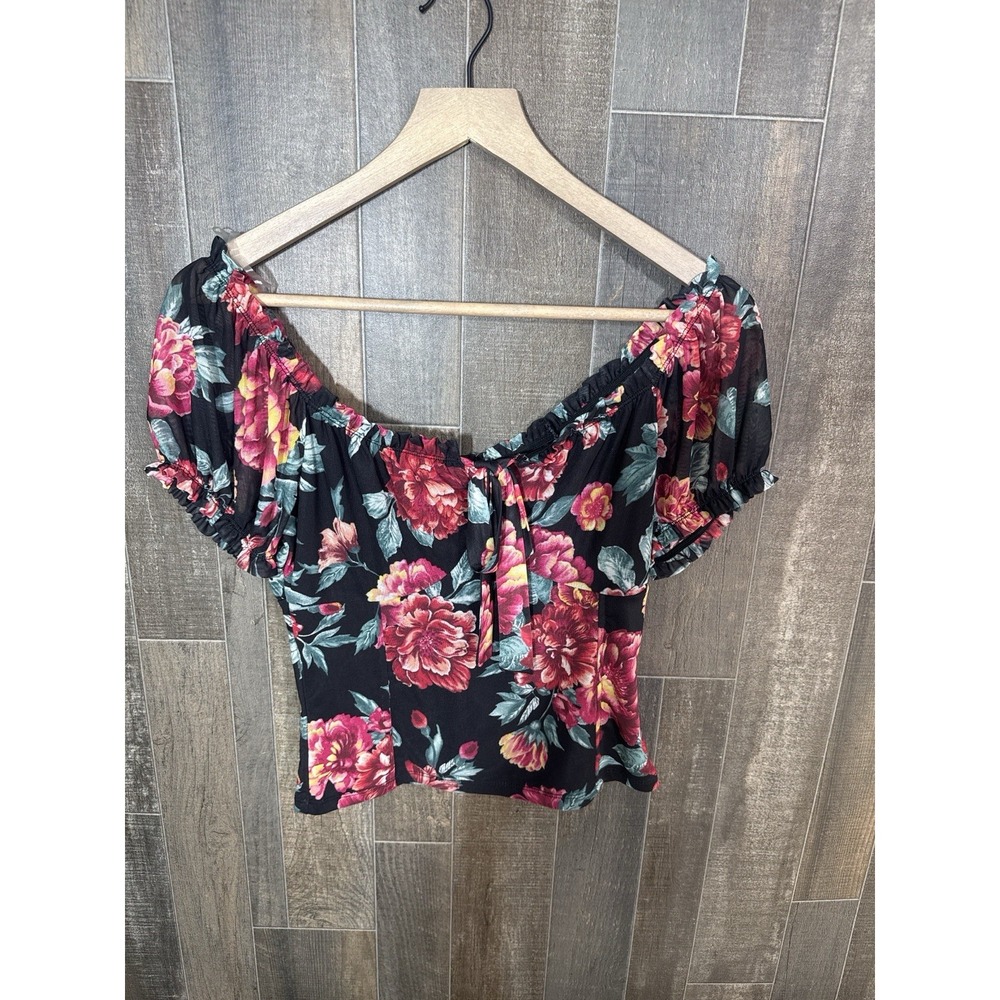 Just Polly NY Floral Off Shoulder Puff Sleeve Top Black Pink M NWT Boho‎ Summer